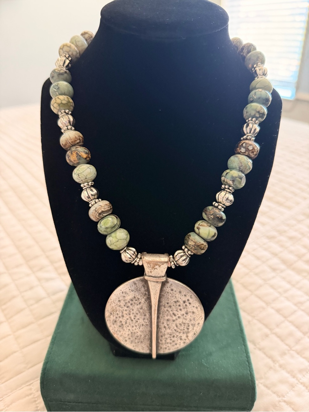 Vintage Green Beaded Necklace with Large Silver Pendant